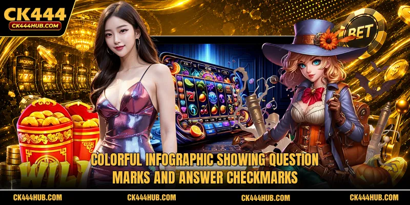 Colorful infographic showing question marks and answer checkmarks